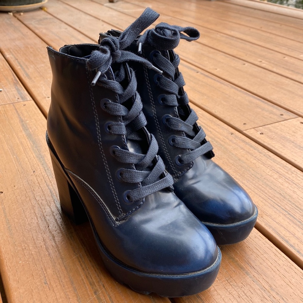 Aldo Navy Blue Lace-Up Platform Ankle Boots